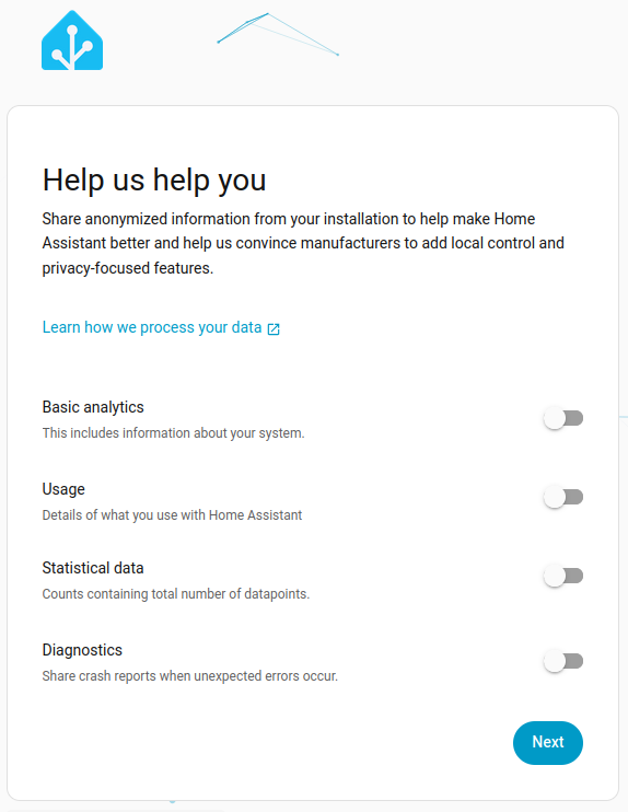 Pantalla Help us help you con cuatro interruptores desactivados: Basic analytics, Usage, Statistical data y Diagnostics