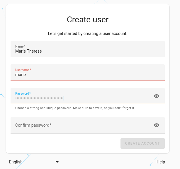 Formulario Create user con los campos Name, Username, Password y Confirm password y el botón Create account