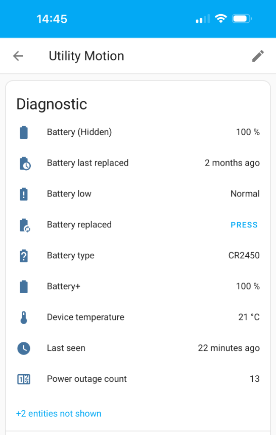 Página de un sensor de movimiento con último cambio de batería, batería baja, botón de batería cambiada, tipo CR2450 y Battery+