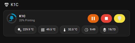Tarjeta de una K1C imprimiendo al 20 por ciento con temperaturas, tiempo restante y capas