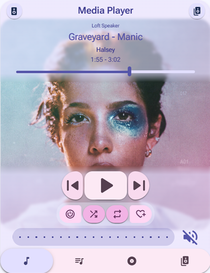 Pestaña de reproductor con la portada grande, controles y volumen
