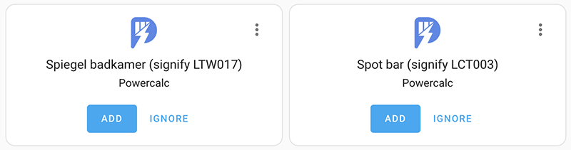 Dos luces detectadas por Powercalc con los botones Añadir e Ignorar